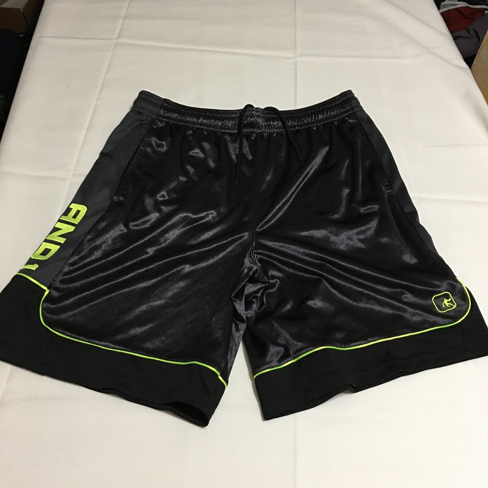 AND1 Basketball Shorts Mens XL Black Neon Yellow Athletic Gym Y2K